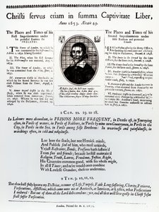 Christi Servus Etiam em Summa Captivitate Liber: uma página de um panfleto contendo uma lista de lugares e tempos das prisões de John Lilburne (c.1614-57), publicado em 1653 de English School